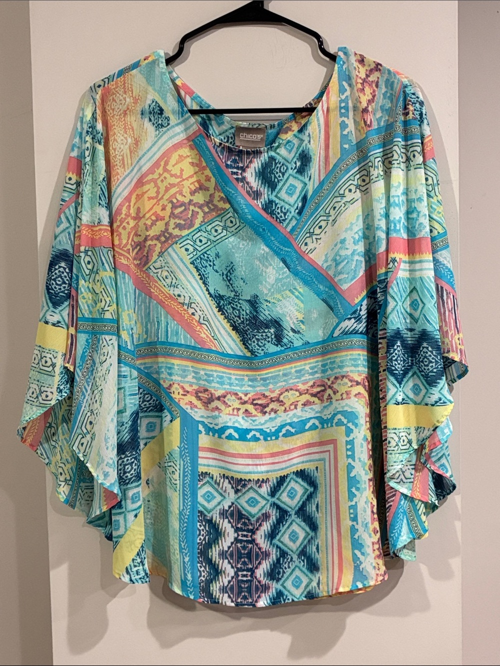 Chico's Aqua Multi-Print V-Neck Flutter Sleeve Top Sz Small-Medium Bohemian
